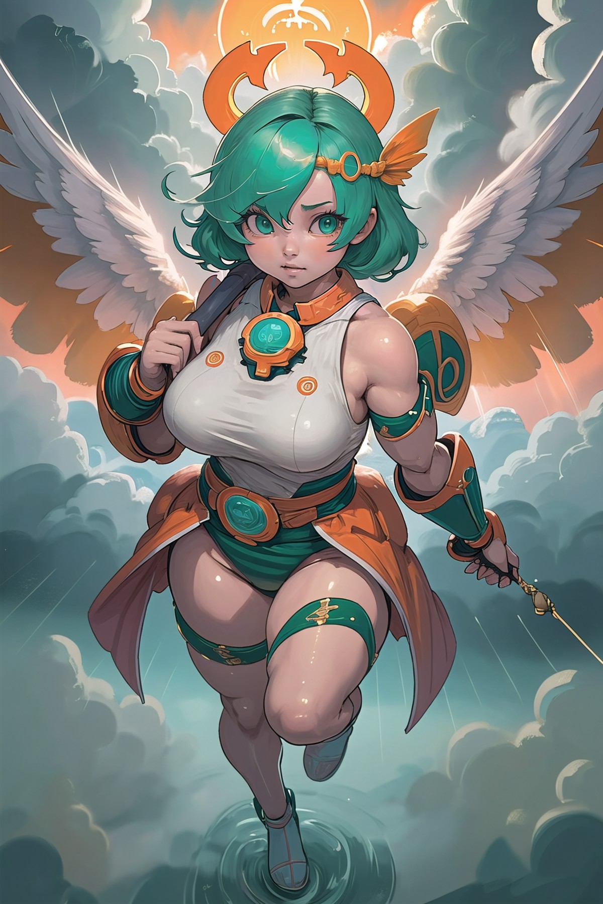 (masterpiece, best_quality, ultra-detailed, immaculate:1.3), epic, illustration, 1girl, (cloudy Rangercore:1.3) angel, ful...